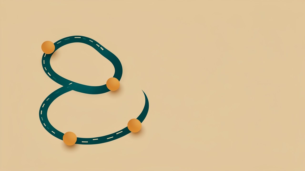 An abstract illustration of a winding path with a few milestones and compass arrows, set against a warm beige background with soft teal and amber accents.
