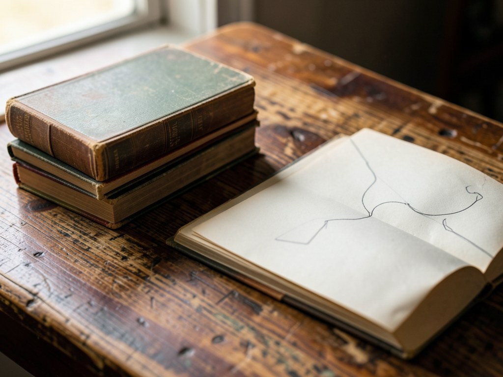 A close-up of stacked vintage books with one open showing a simple path outline, on a wooden desk.