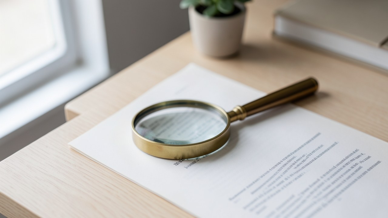 A glass magnifying glass resting on a document with lines of text blurred, symbolizing review.