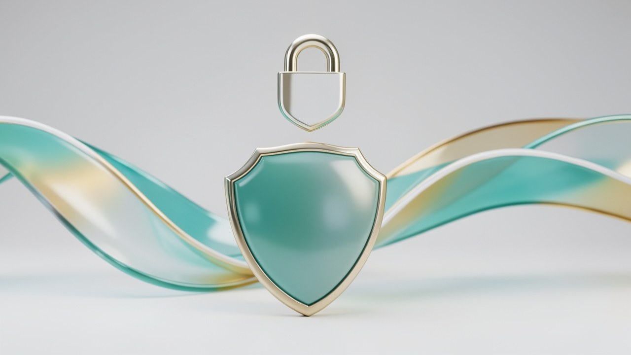 An abstract 3D rendering of a shield and a lock intertwined with flowing lines, representing data protection.