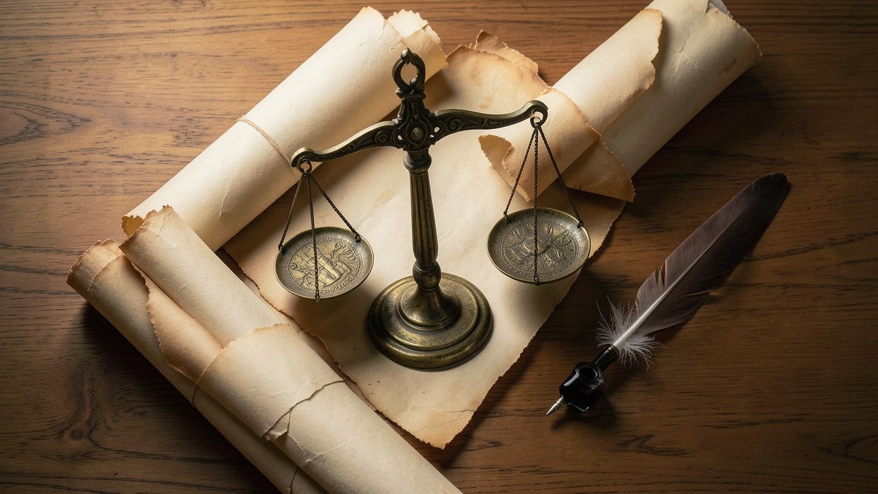 A scale of justice balanced on a stack of parchment documents with a quill pen, in a muted warm setting.
