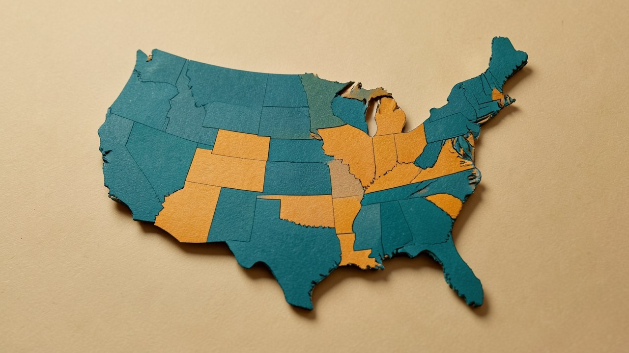 A close-up of a map of the United States with some states highlighted in teal and some in amber, resting on a flat surface.