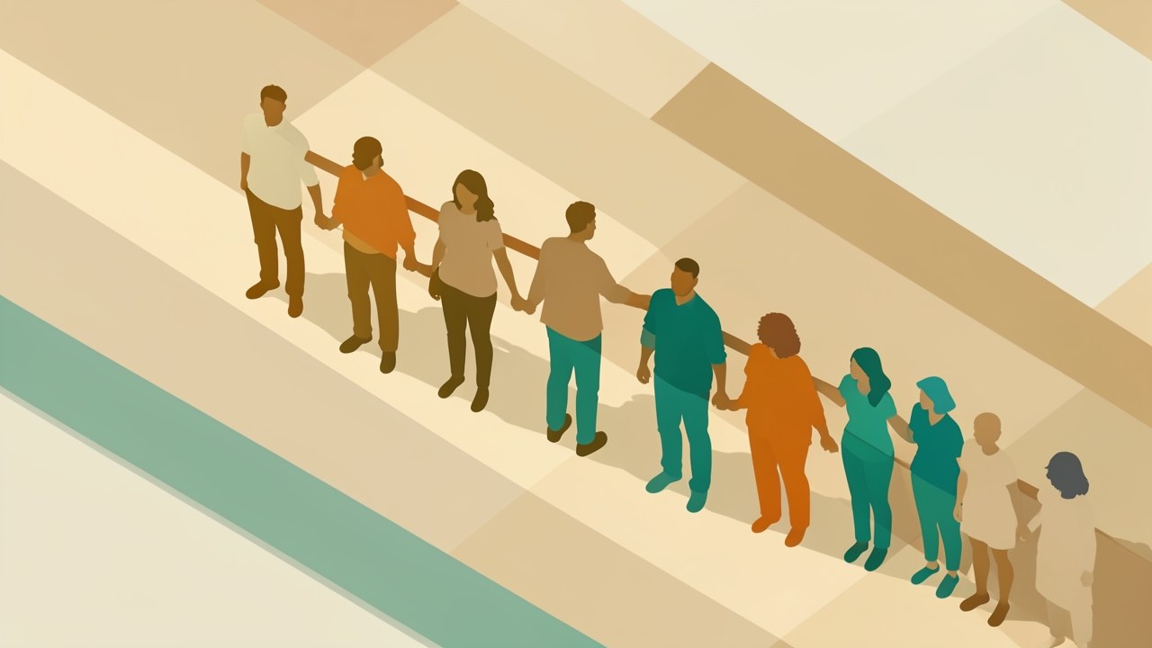 A row of smiling people profiles in a human chain, but the faces are stylized and not individual.