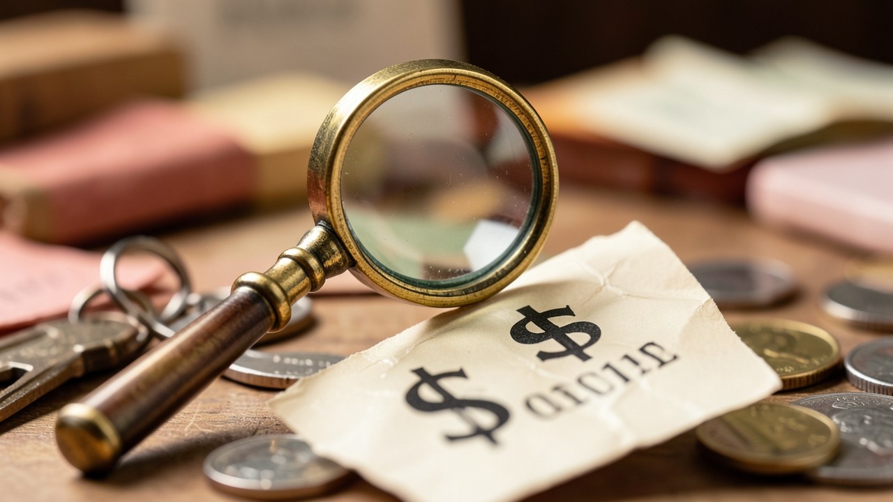 A magnifying glass enlarging a price tag with a dollar sign, but the numbers are blurry.