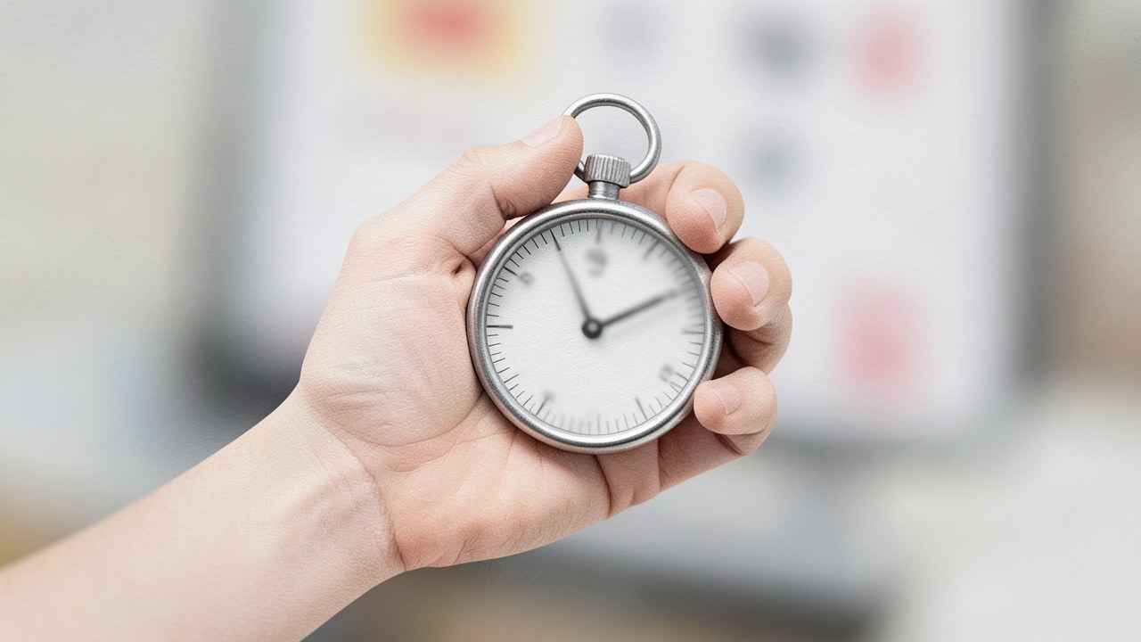 A hand holding a stopwatch with the dial blurred, and a calendar in the background out of focus.