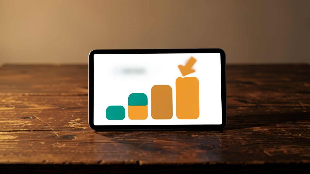 A bar chart on a screen with up and down arrows, but only abstract shapes are visible.