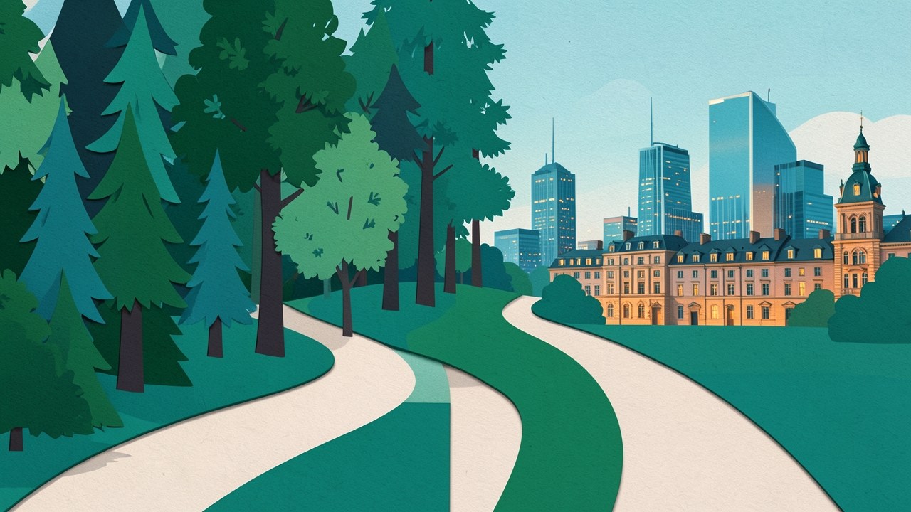A fork in the road on a path, with two distinct routes, symbolizing choices.