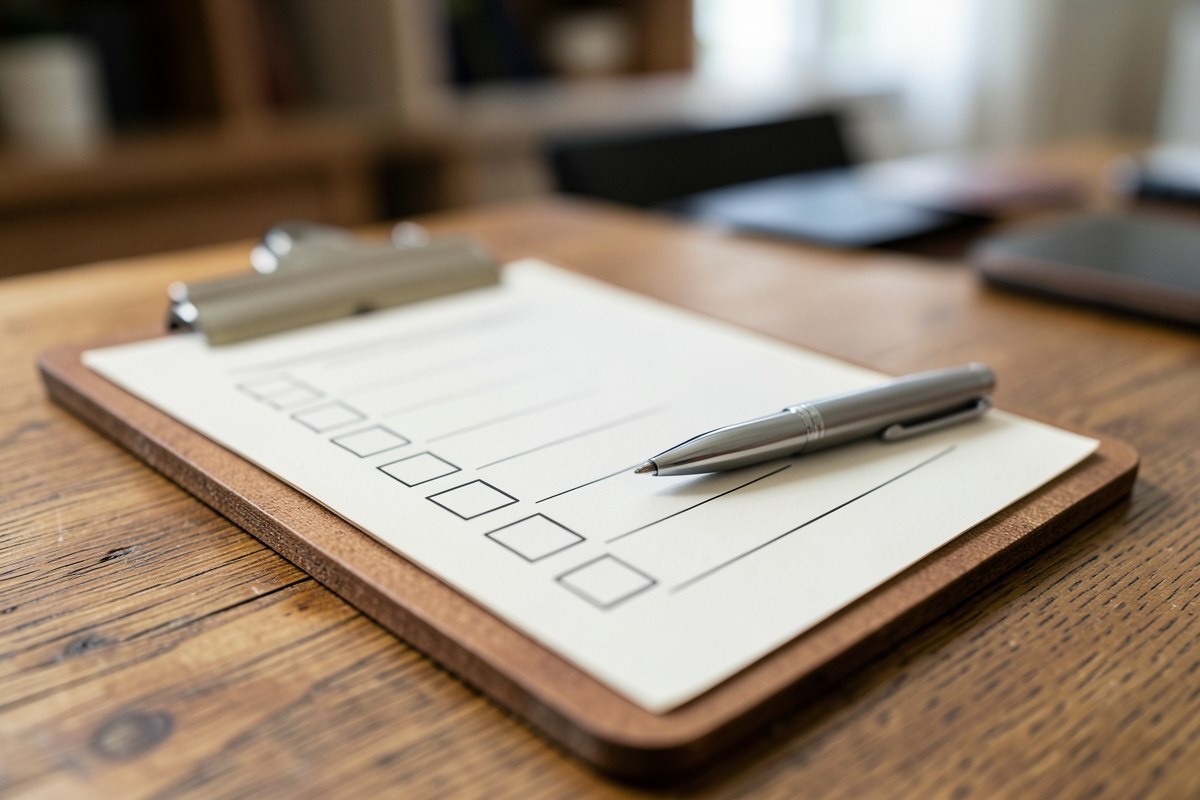 A checklist on a clipboard with a pen, but the boxes are empty and no text is visible.